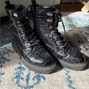 Topshop Black Croc-Embossed Combat Boots